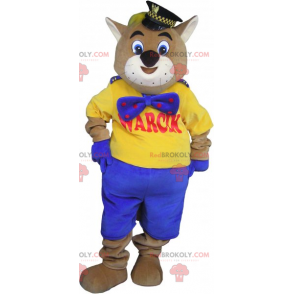 Katzenmaskottchen mit Polizeimütze und blauer Fliege -