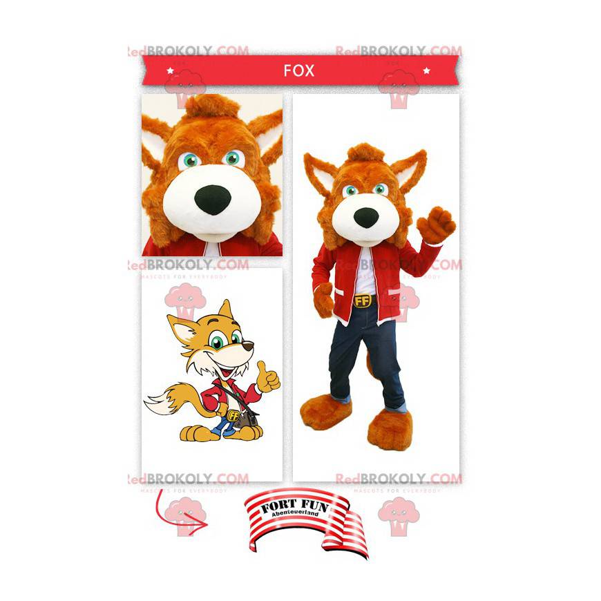 Mascote raposa laranja vestida de jeans - Redbrokoly.com