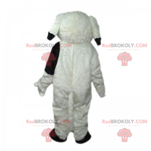 Mascote cachorro branco com manchas pretas no olho esquerdo -