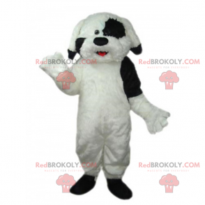 Mascote cachorro branco com manchas pretas no olho esquerdo -