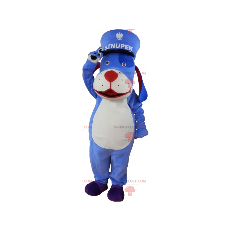 Mascote cachorro azul com boné - Redbrokoly.com