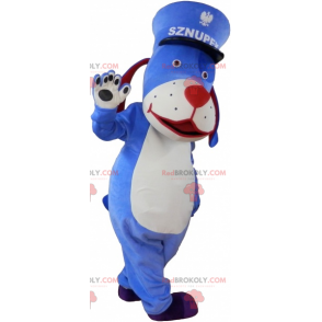 Mascote cachorro azul com boné - Redbrokoly.com