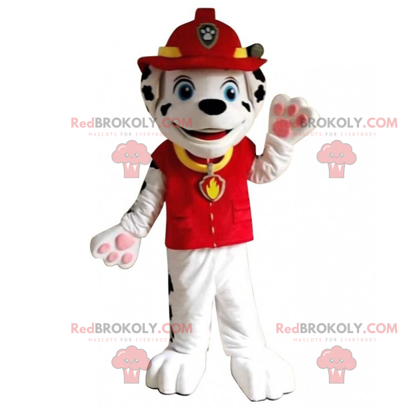 Mascotte de chiot dalmatien en tenue de pompier - Redbrokoly.com