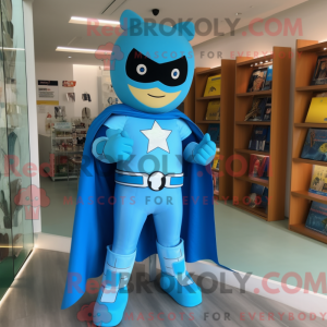 Sky Blue Superhero mascot...
