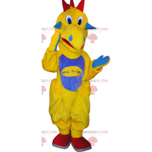 Żółta maskotka dinozaura z niebieskim brzuchem - Redbrokoly.com