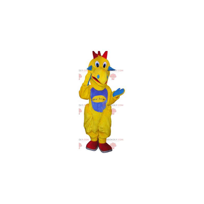 Gelbes Dinosaurier-Maskottchen mit einem blauen Bauch -