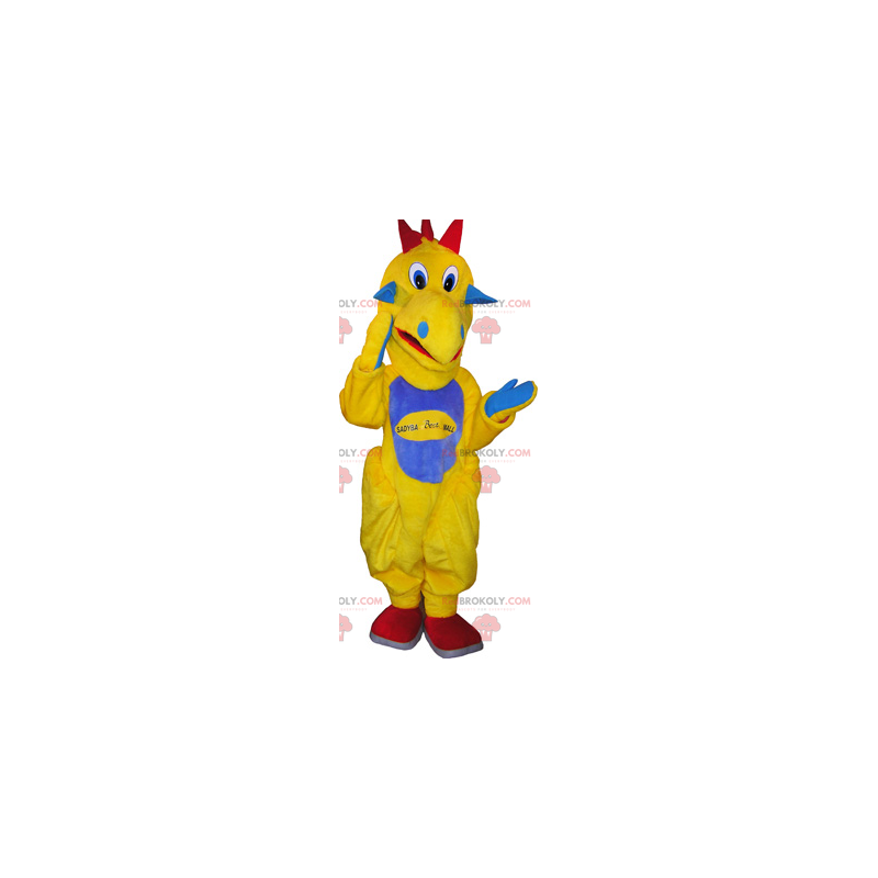 Mascotte gele dinosaurus met een blauwe buik - Redbrokoly.com