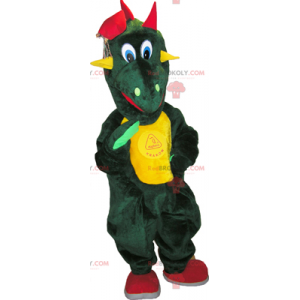 Green dinosaur mascot with a yellow belly - Redbrokoly.com