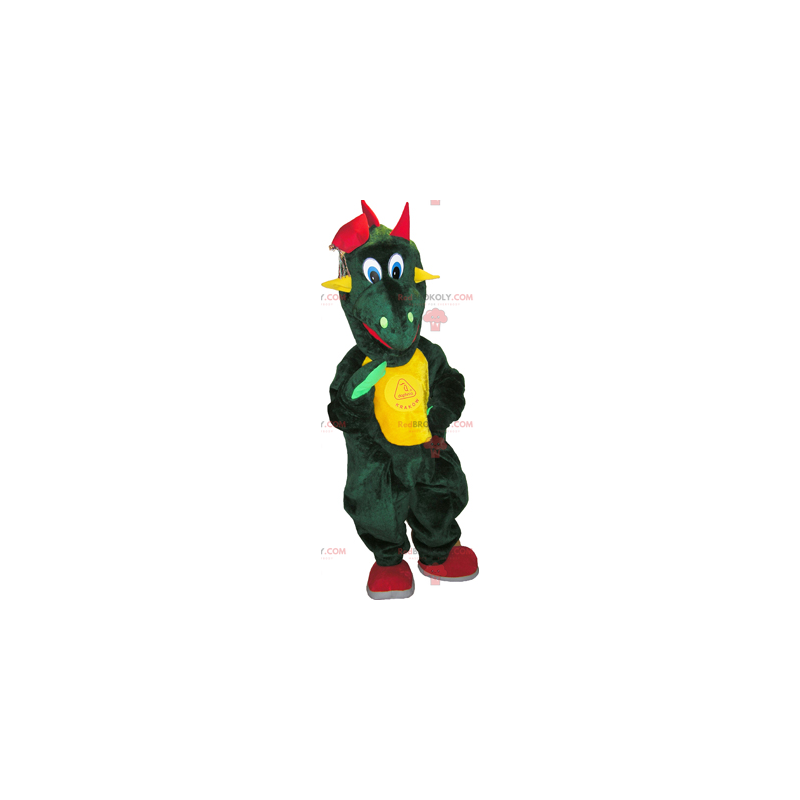 Mascote de dinossauro verde com barriga amarela - Redbrokoly.com