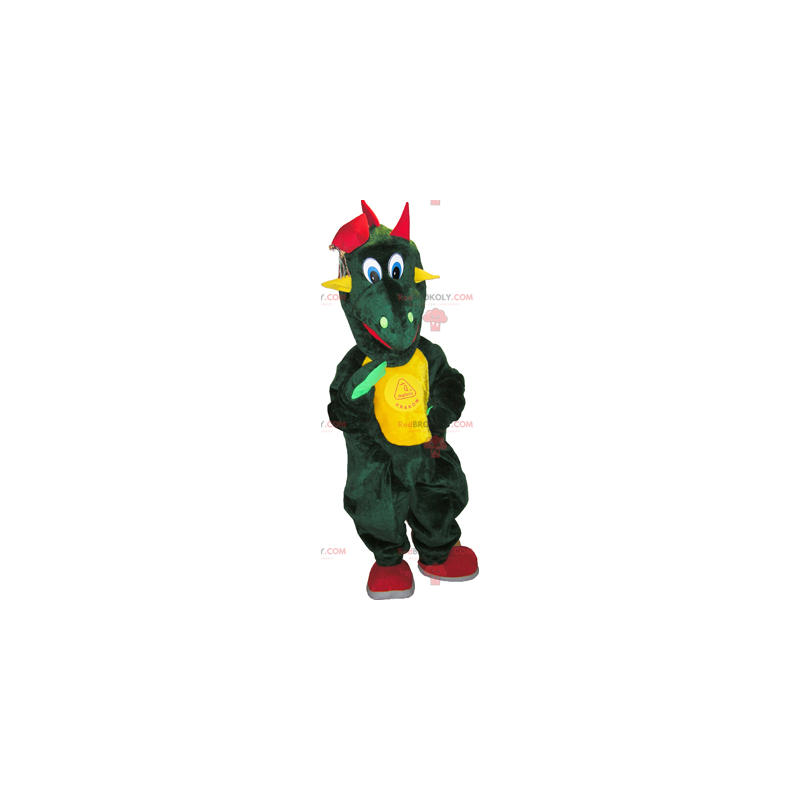 Mascotte di dinosauro verde con una pancia gialla -