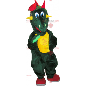 Mascote de dinossauro verde com barriga amarela - Redbrokoly.com