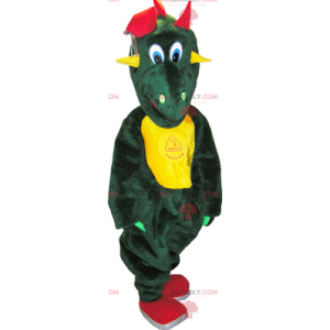 Mascote de dinossauro verde com barriga amarela - Redbrokoly.com