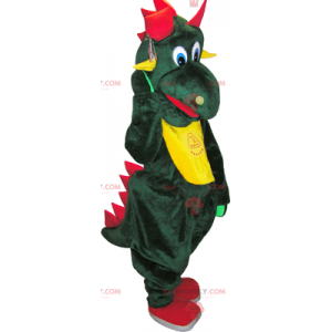 Mascote de dinossauro verde com barriga amarela - Redbrokoly.com