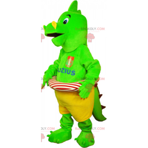 Grön dinosaurmaskot med sin boj - Redbrokoly.com