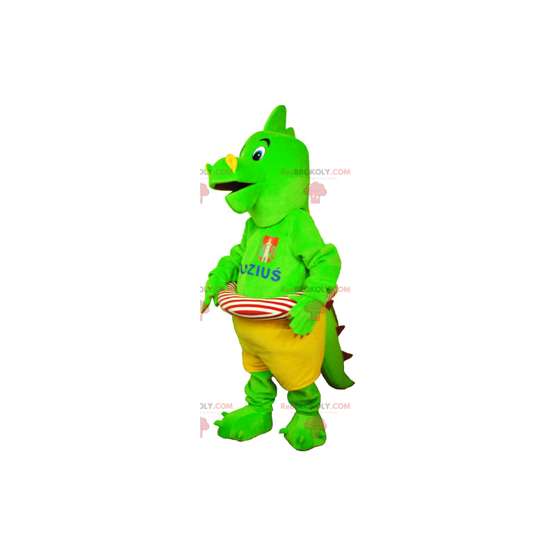 Grünes Dinosaurier-Maskottchen mit seiner Boje - Redbrokoly.com Grünes Dinosaurier-Maskottchen mit seiner Boje - Redbrokoly.com