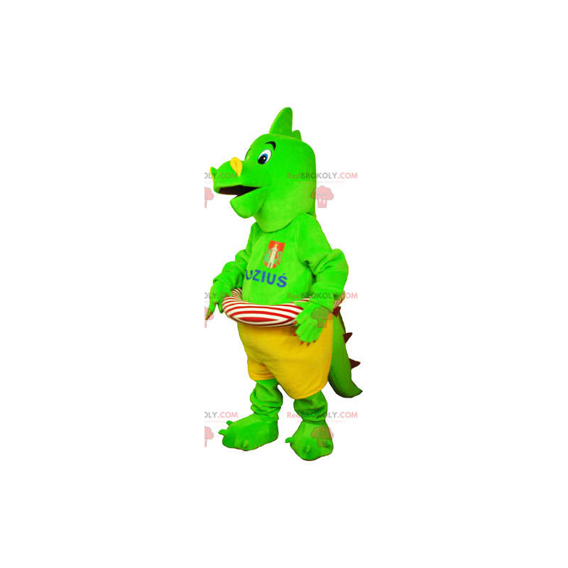 Mascote do dinossauro verde com sua bóia - Redbrokoly.com