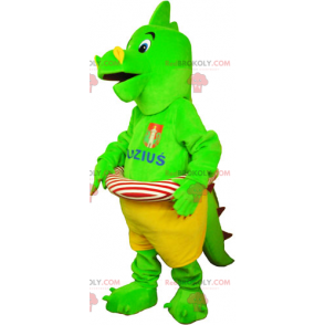 Grøn dinosaur maskot med sin bøje - Redbrokoly.com