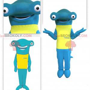 Hammerhead shark mascot with a yellow t-shirt - Redbrokoly.com