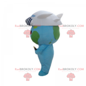 Earth mascot with a hat in the shape of an airplane -