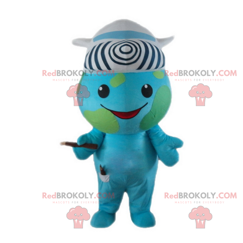 Earth mascot with a hat in the shape of an airplane -