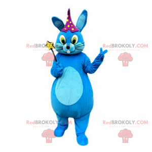 Blaues Kaninchenmaskottchen mit Sternhut - Redbrokoly.com