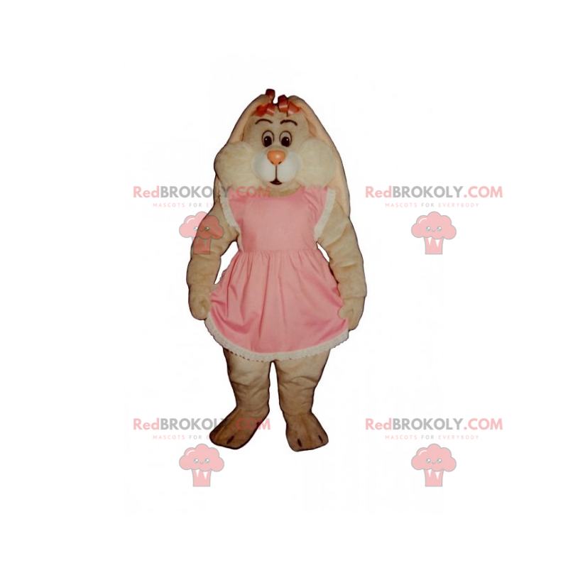 Pink kanin maskot med kjole og knuder - Redbrokoly.com