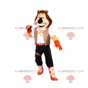 Mascota León con traje de aventurero. - Redbrokoly.com