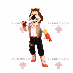 Mascota León con traje de aventurero. - Redbrokoly.com