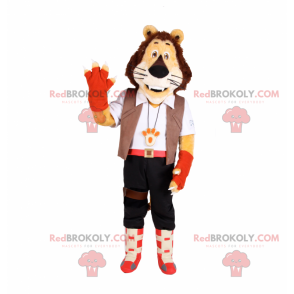 Mascota León con traje de aventurero. - Redbrokoly.com