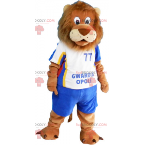 Lion maskot med blå fodbolddragt - Redbrokoly.com