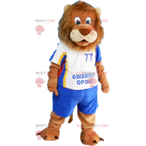 Lion maskot med blå fotball antrekk - Redbrokoly.com