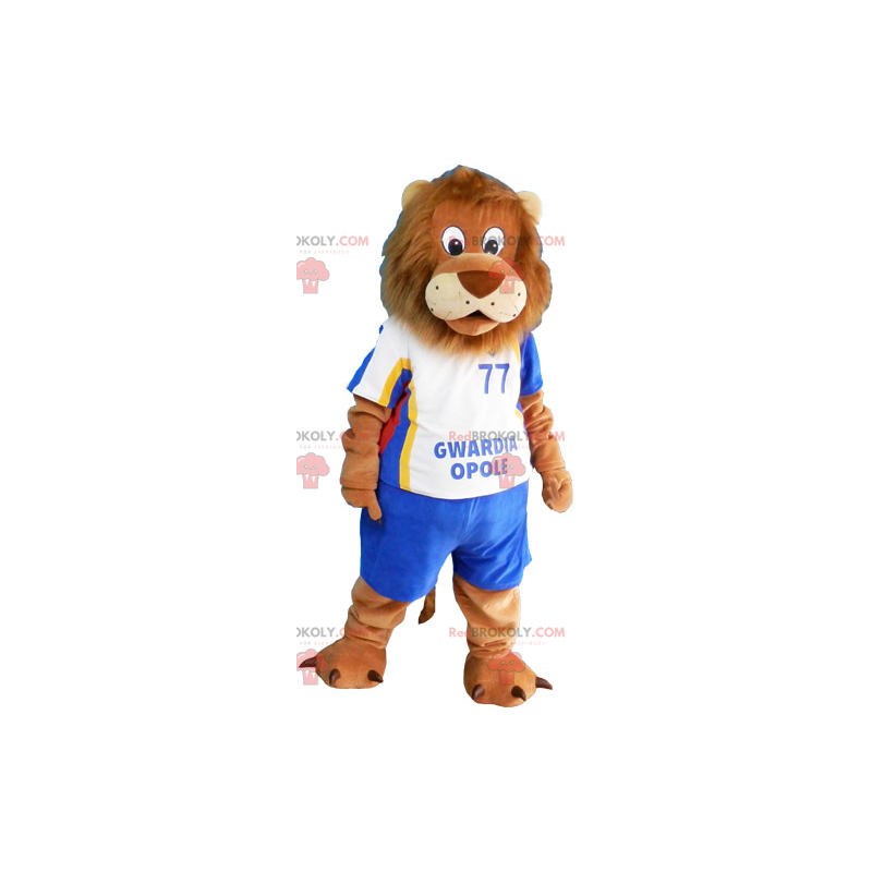 Lejonmaskot med blå fotbollsdräkt - Redbrokoly.com Lejonmaskot med blå fotbollsdräkt - Redbrokoly.com