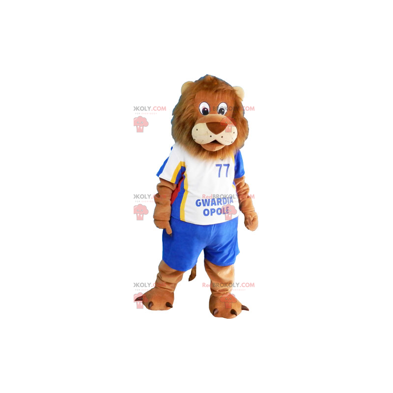 Lion maskot med blå fodbolddragt - Redbrokoly.com