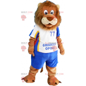 Mascota de león con traje de fútbol azul - Redbrokoly.com