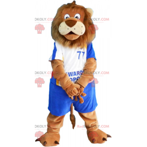 Lion maskot med blå fotball antrekk - Redbrokoly.com