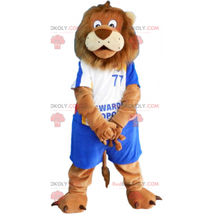 Maskot lva s modrým fotbalovým oblečením - Redbrokoly.com