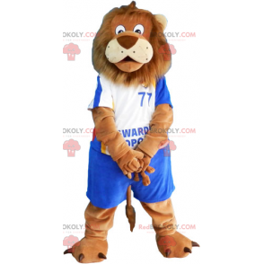 Lion maskot med blå fotball antrekk - Redbrokoly.com