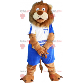 Mascota de león con traje de fútbol azul - Redbrokoly.com