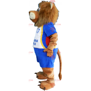 Mascota de león con traje de fútbol azul - Redbrokoly.com