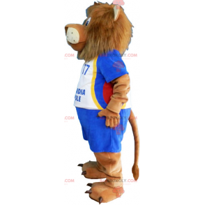 Lion maskot med blå fotball antrekk - Redbrokoly.com