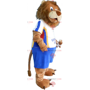 Lion maskot med blå fotball antrekk - Redbrokoly.com