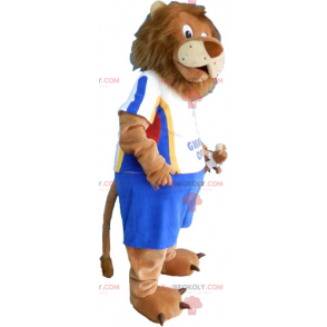 Mascota de león con traje de fútbol azul - Redbrokoly.com