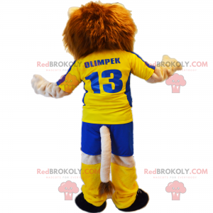 Mascota de león con traje de fútbol amarillo - Redbrokoly.com