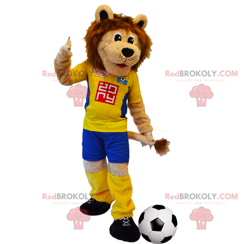 Lion maskot med gul fotballantrekk - Redbrokoly.com