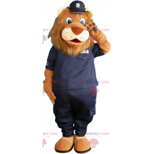 Mascote leão com uniforme preto da polícia - Redbrokoly.com