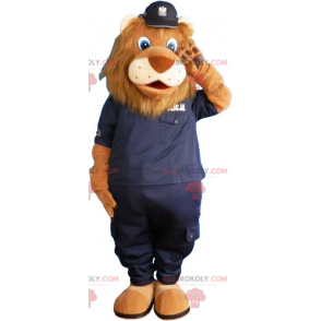 Mascote leão com uniforme preto da polícia - Redbrokoly.com