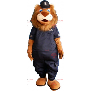 Mascote leão com uniforme preto da polícia - Redbrokoly.com