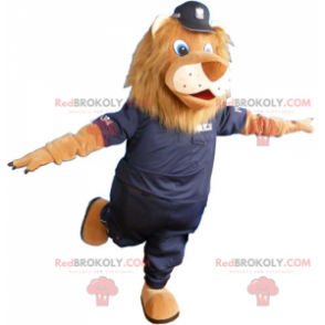 Mascota de león con uniforme de policía negro - Redbrokoly.com