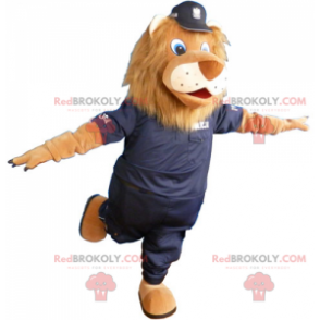 Mascote leão com uniforme preto da polícia - Redbrokoly.com