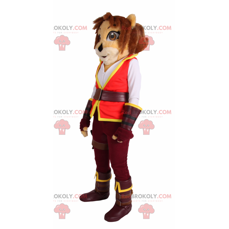 Leoa mascote com roupa de aventureira - Redbrokoly.com